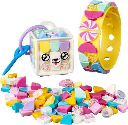 LEGO DOTS Cukierkowa kicia — bransoletka i zawieszka na torbę 41944